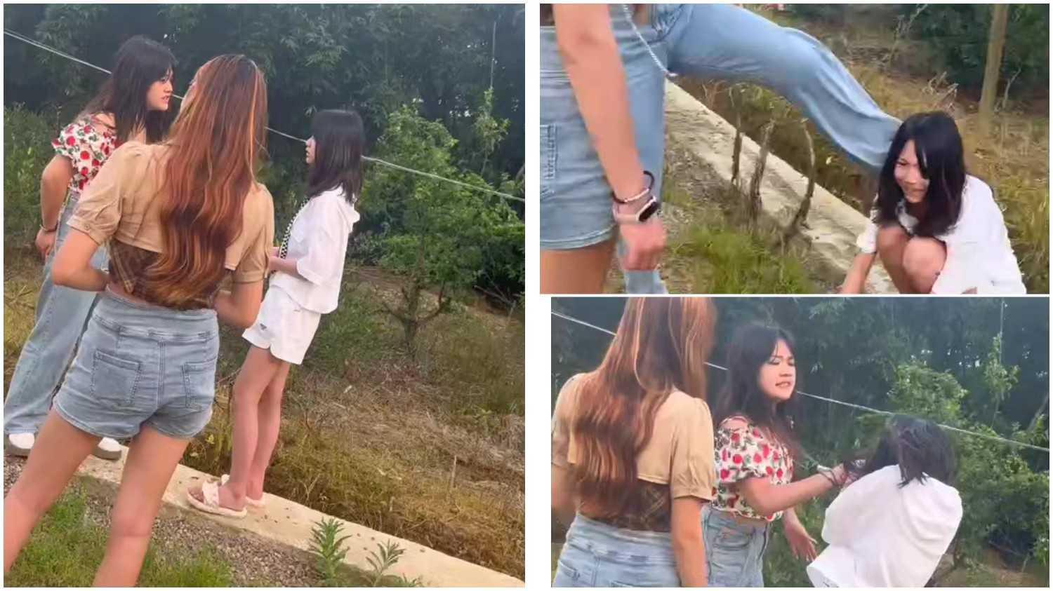 校园暴力，两个漂亮少女狂扇白衣女，揪头发脚踹，最毒少女心！..
